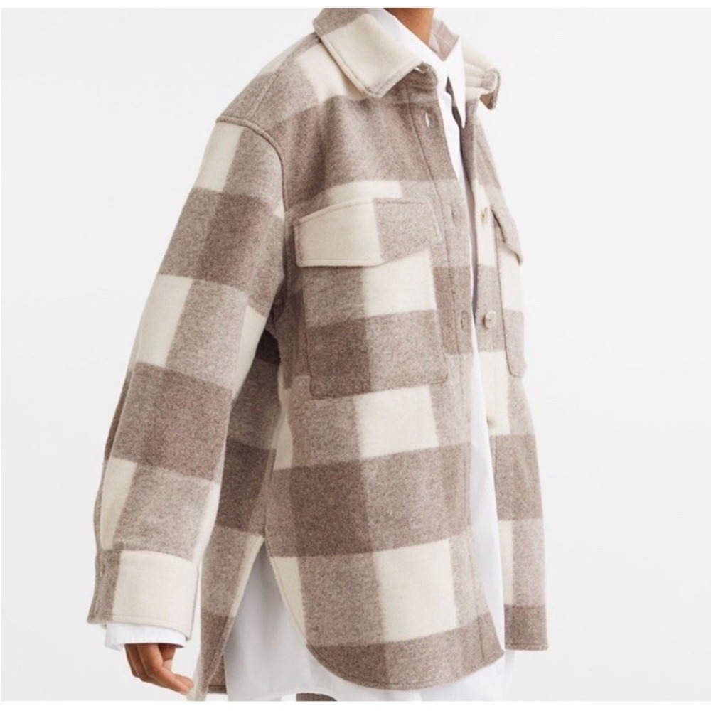 H&M Oversized Shirt Jacket Light Greyish Brown & Cream Plaid Size XL Shacket